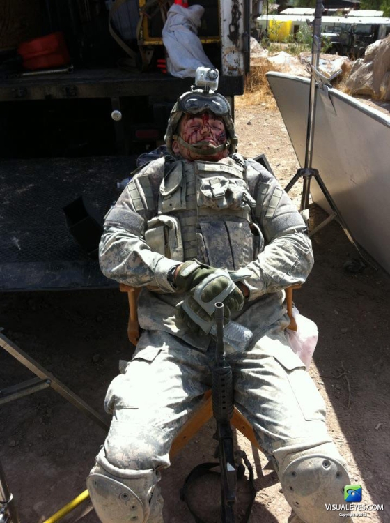 SFC Reiley in make up in between takes